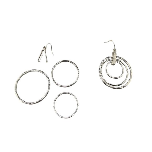 Textured Triple Hoop Dangle Drop Changeable Earrings Silver Tone Minimalist - Picture 5 of 6